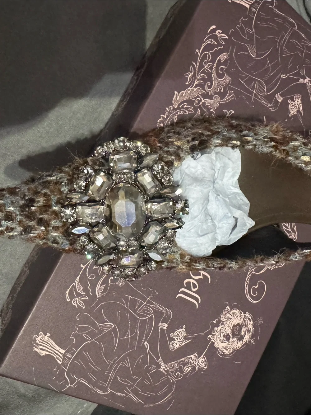 Jeffrey Campbell Brown Tweed Slingback Heel with Crystal Brooch
